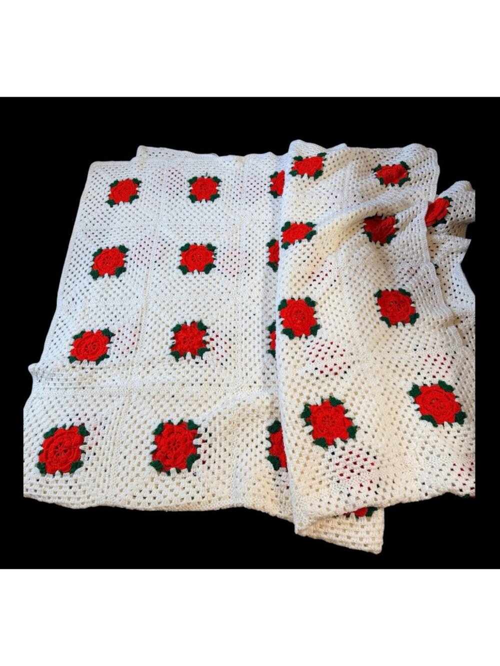 80X96 Crochet Granny Square Afghan Red Roses Hand Made White Background